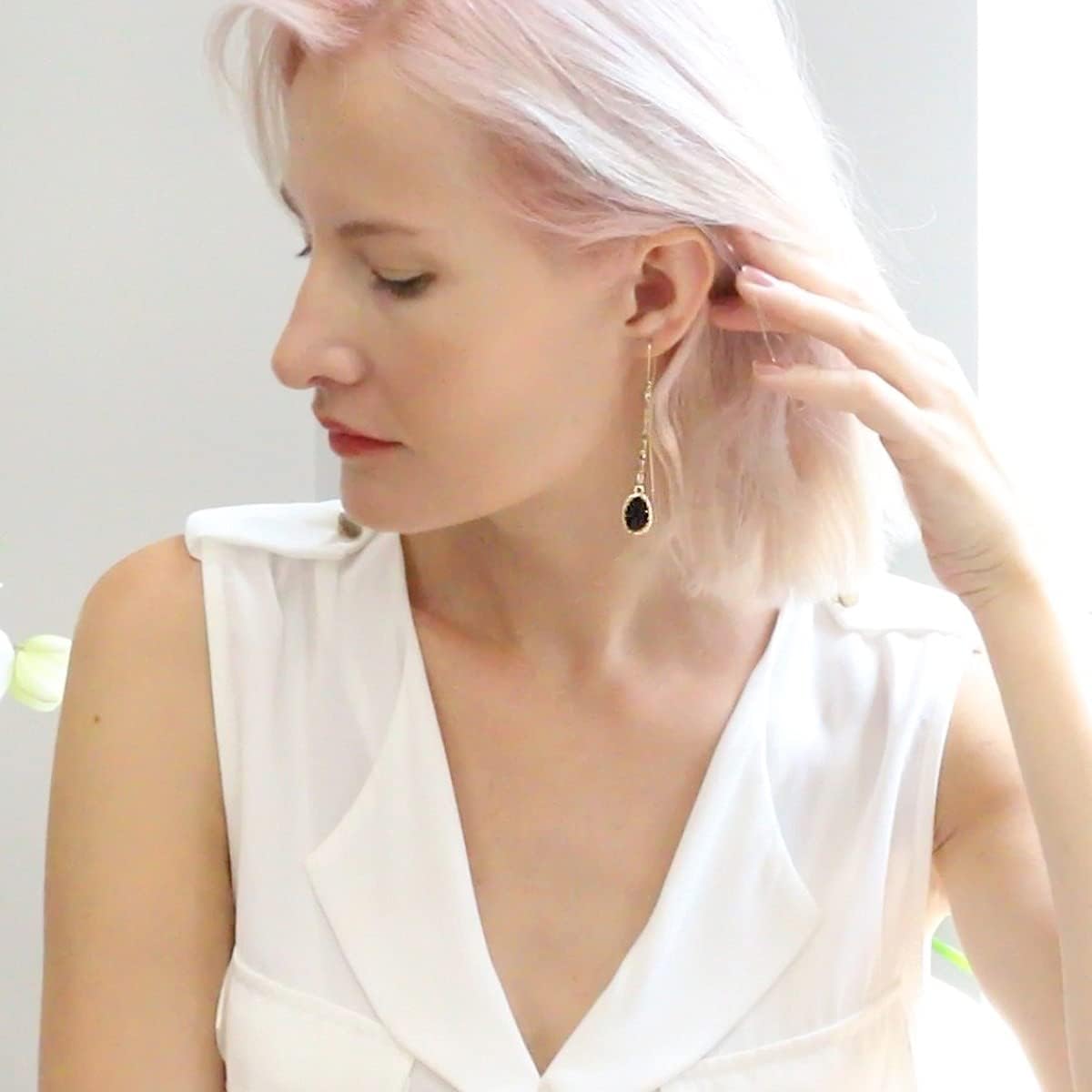 Simulated Druzy Threader Earrings for Women - Gold, Silver, or Rose Gold Tone Long Chain Earrings with Boho Created Geode Stone - Image 8