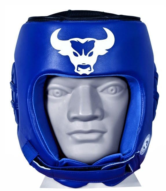 Image of Boxing Headguard MMA Training Headgear Muay Thai Full Face Protection Guard Sparring Helmet Head Guard (Blue, L)