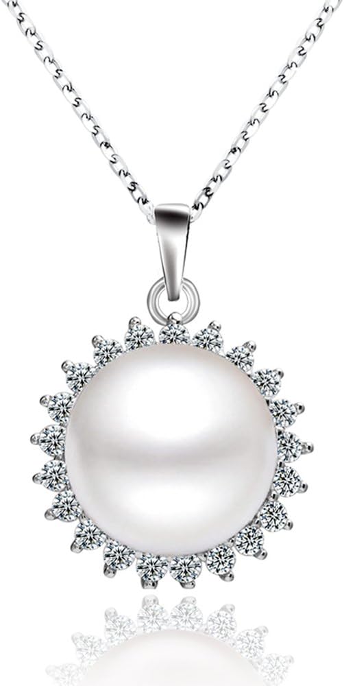 "Sunshine" Sterling Silver 8.5-9mm White Freshwater Cultured Pearl Earrings Studs AAA Zirconia Earrings Gift for Women