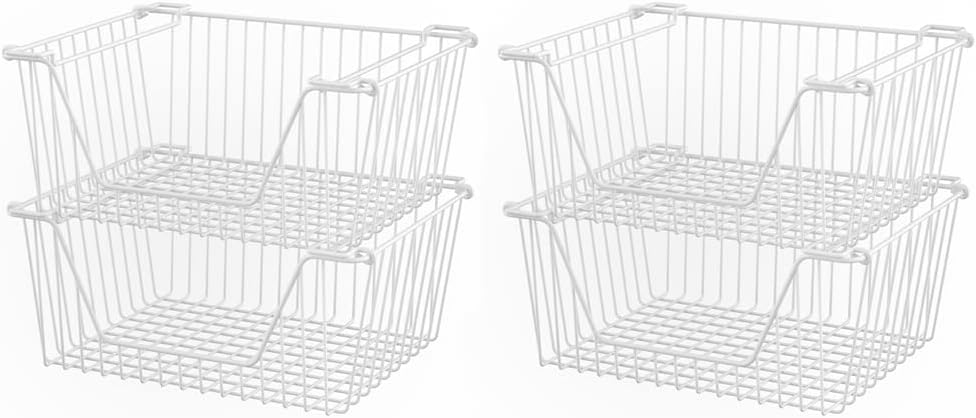 SANNO Stackable Wire Baskets for Organizing Pantry Storage and Organization Metal Bins Fruit Vegetable Organization Pantry Cabinet Metal Bin for Kitchen Counter Bathroom Shelves Storage?White,4 4 White