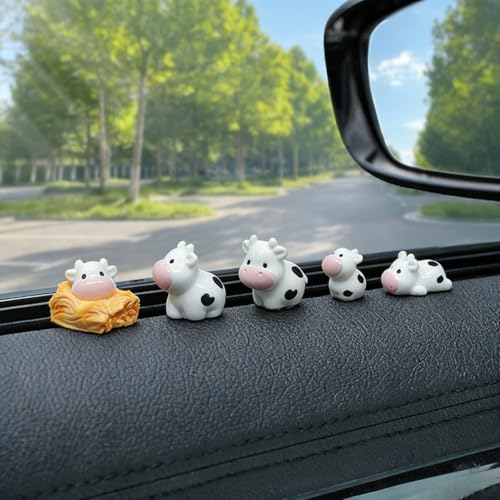 Yexthos 5Pcs Mini Cows Dashboard Decorations, Kawaii Cow Print Car Accessories Rearview Mirror Ornament, Cute Car Decor for Women
