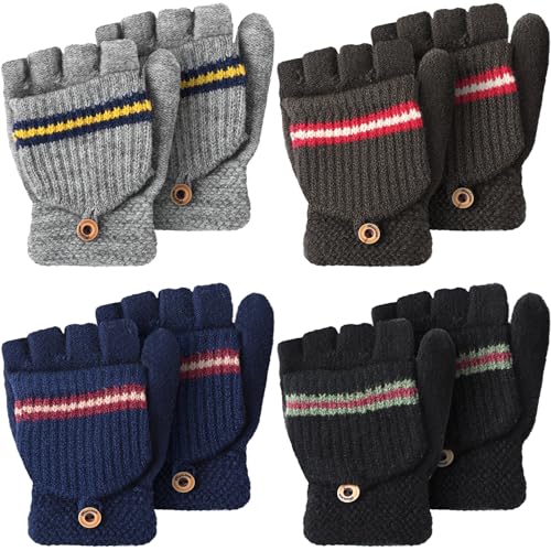 Yahenda 4 Pairs Kids Mittens Fingerless Gloves Winter Knitted Convertible Mittens for Toddler Boy Girl Aged 5-10