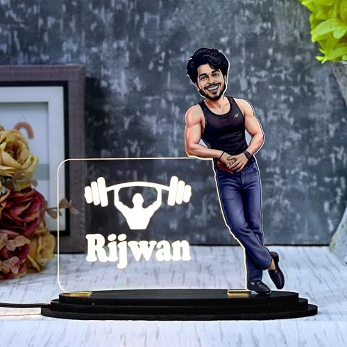 Image of customized gift for men - Bodybuilder Caricature with LED Acrylic Name Plate, Gym Sando Style Personalized 3D Standee.