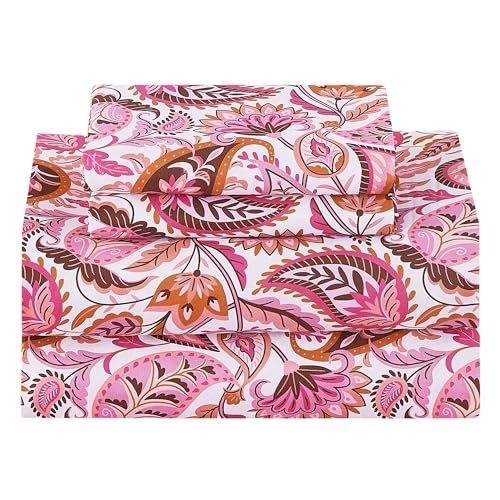 Image of Softan Pink Paisley Floral Twin Sheet Set, 3-Piece Cozy Boho Microfiber Printed Fitted Bed Sheet with 15 inch Deep Pockets & Non-Slip Straps, Kids Girls Patterned Sheets & Pillowcase Set
