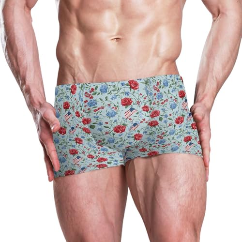 July 4th Independence Day American Flag Rose Mens Swim Trunk Swim Brief Square Leg Board Short S B04046032