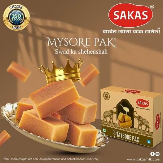 Image of SAKAS Mysore Pak 200g | Pure Ghee Soft Melt-in-Mouth Mysore Pak | Traditional South Indian Mithai | No Added Preservatives | Fresh Hygienic Sweet Gift Pack | Since 1993 | 60 Days Shelf Life