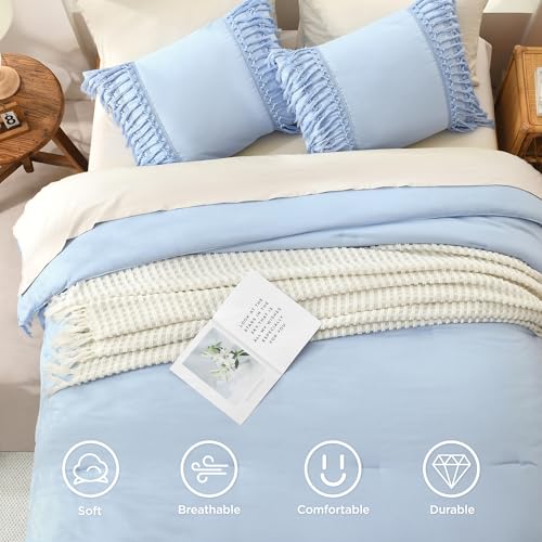 Image of Andency Comforter King Size Set Light Blue, 3 Pieces Boho Tassel Lightweight Fluffy Bedding Comforters & Sets, Soft All Season Bed Set (104x90In Comforter & 2 Pillowcases)