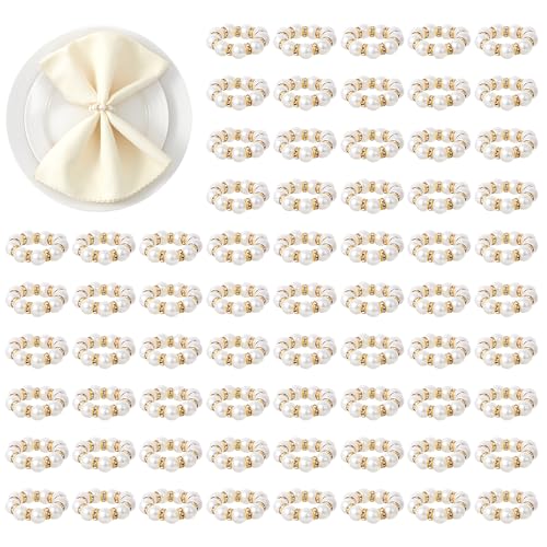 APTWOW Pearl Gold Napkin Rings Set of 50 - Imitation Pearl Napkin Holder, Disposable White&Gold Napkins Rings Bulk for Wedding Party Birthday Banquet Table Decor and Daily Use