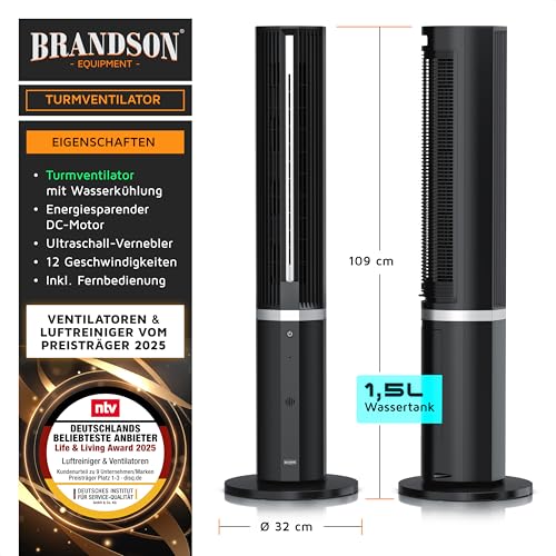 Brandson - Turmventilator mit Wasserkühlung – Luftkühler inkl. Luftbefeuchter – sehr leise DC-Motor – 12 Geschwindigkeit