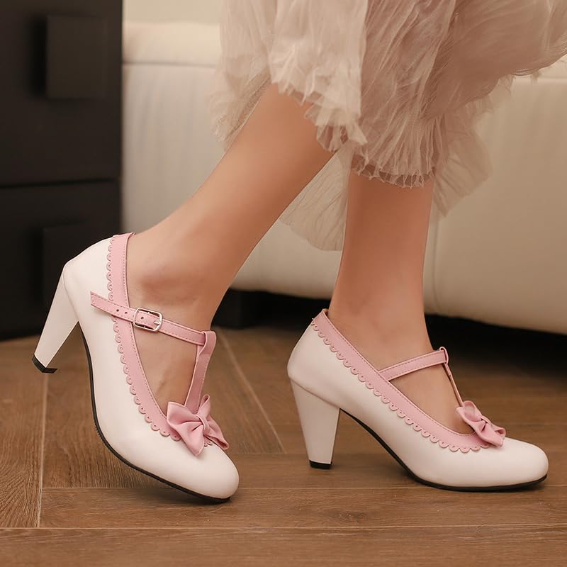 Image of Elbslutt Women's Cute Retro Rockabilly Shoes T Strap Mary Janes Heels Chunky Cosplay Shoes Sweet Block Heeled Bow Pumps