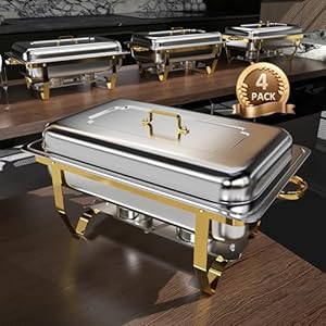 Chafing Dish Buffet Set 4 Pack, 8QT High Grade Chafing Dishes for Buffet, Chafers and Buffet Warmers Sets for Birthday, Wedding, Rolled-Edge Design with Gold and Silver