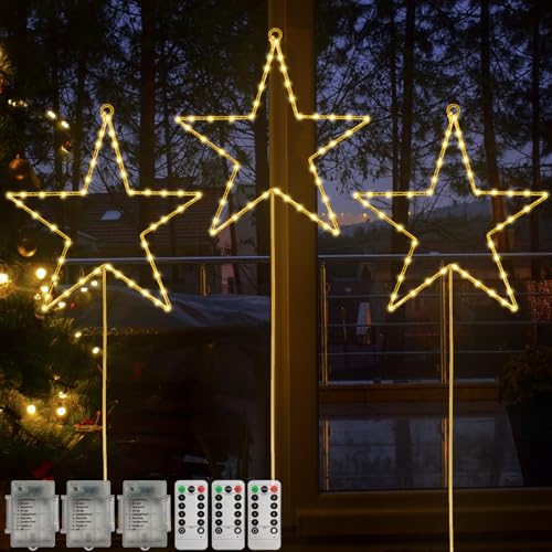Christmas Window Lights, 3 Packs Battery Operated 45 LED Stars Window Hanging Lights with 8 Modes & Remote Christmas Stars Lights for Bedroom Wall Party Indoor Outdoor Decorations (Warm White)
