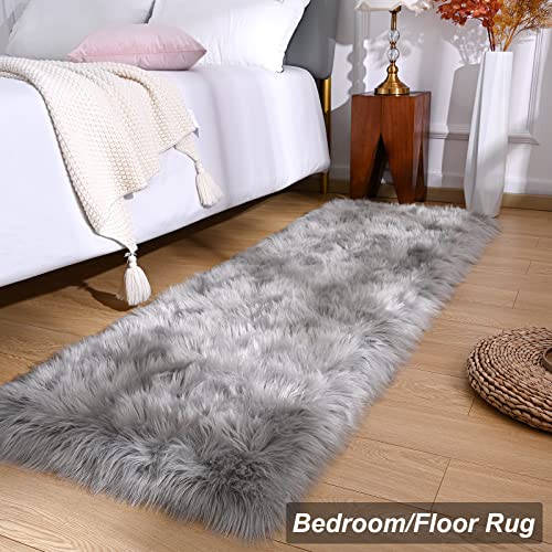Rtizon Faux Fur Runner Rug, 2 X 6 Feet Grey Fluffy Sheepskin Washable Rug For Girls Bedroom Living Room Floor Cushion Home Decor Bedside Carpet, Furry Chair Cover Seat Pad Mat #TOP4