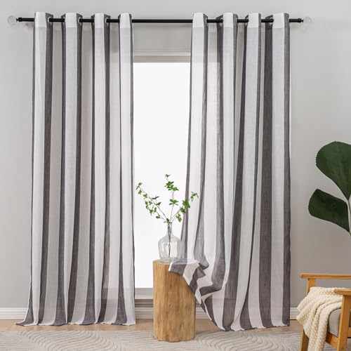 L.Z.E Semi Sheer Curtains for Living Room Bedroom Windows Short Curtains & Drapes Panels Charcoal Black White Striped Faux Linen Look with Eyelet 57 Inch Drop