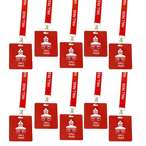 Hall Pass Lanyards with Large Card Passes, Unbreakable School Classroom Passes Set for Teacher Parents (10 X Hall Pass) (Red 10* Hall Pass)