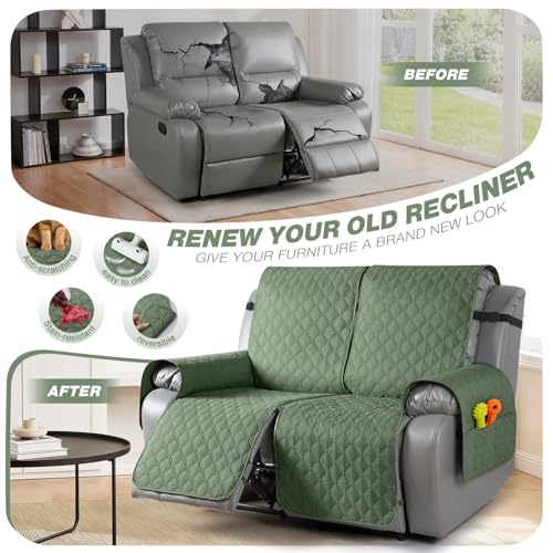 Image of TAOCOCO 100% Waterproof Recliner Covers, Recliner Sofa Covers with Leg Straps, Reversible Recliner Couch Cover for Reclining Chair, Washable Couch Protector for Pets Kids(2 Seater, Moss Green)