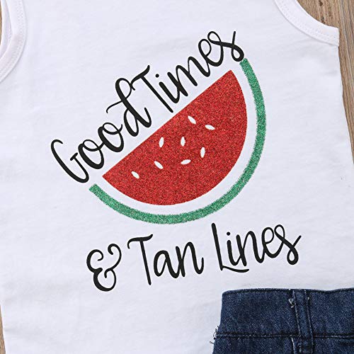 Honganda 2Pcs Toddler Kids Baby Girl Watermelon Outfits Sleeveless Tank Top+Denim Shorts Summer Clothes (White+Watermelon, 3-4T)