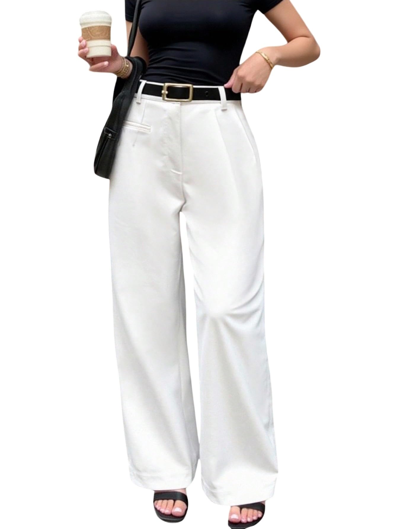 SweatyRocks Anzughose Damen Elegant Wide Leg Hose Bundfaltenhose High Waist Stoffhose Damenhose Weites Bein Business Outfit Old Money Style