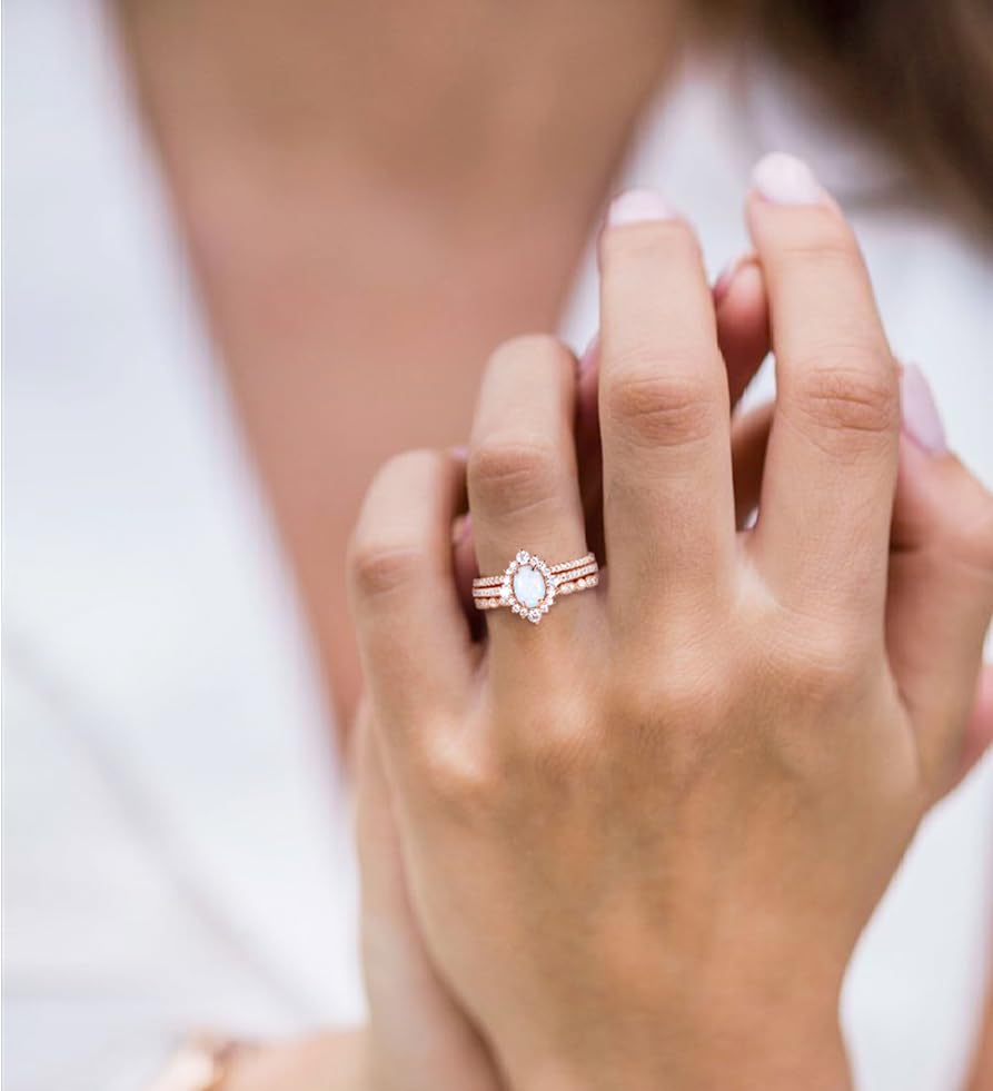 TIGRADE 1.5CT Oval Opal Bridal Ring Sets 3Pcs Rose Gold Stackable Rings Cubic Zirconia Engagement Halo CZ Wedding Band for Women Size 3-124