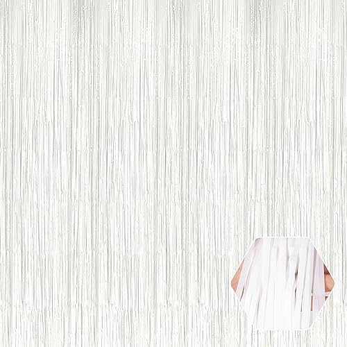 Image of 6 Pack Macaron White Foil Fringe Curtain Backdrop, 3.28Ft x 8.2Ft Metallic Tinsel Foil Fringe Streamer Curtains for Photo Booth, Christmas Day, Thanksgiving, Wedding, New Year Party Decorations