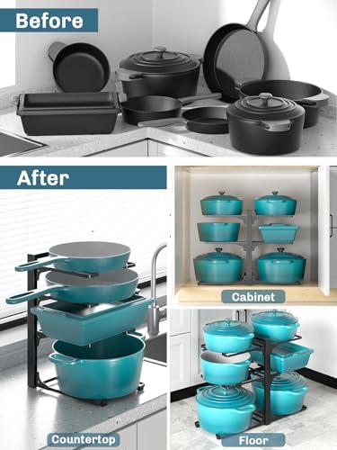 Image of MUDEELA 6-Tier Pots and Pans Organizer under Cabinet, 13.78 inch Height Heavy Duty Pot and Pan Organizer Kitchen Cabinet Organization and Storage, Adjustable Pot Rack for Frying Pan, Cast Iron Skillet