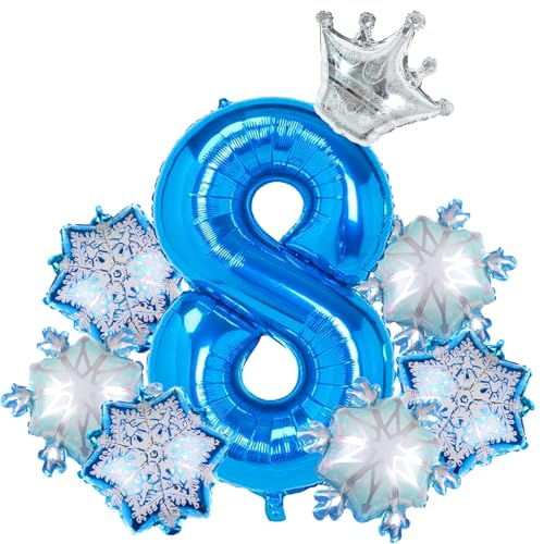 Image of Snowflake Balloons for Frozen Birthday Party Decorations, Blue and Silver Crown Foil Mylar Balloons 40 inches Gaint 8 Birthday Balloon for Winter Theme Birthday Party Supplies, Birthday Party Decor