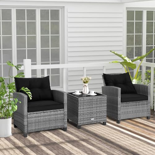 Image of Tangkula 3 Pieces Patio Furniture Set, Outdoor PE Rattan Conversation Chair Set with Tempered Glass Side Table and Removable Cushions, PE Wicker Chairs and Table Set for Porch, Balcony and Garden