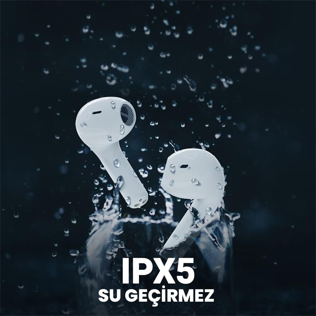 Two white HiFuture Flybuds 3 earbuds with water splashing around them, indicating 'IPX5 Water Resistant'.