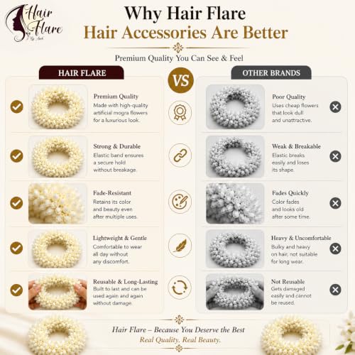 Image of Hair Flare Pack of 6 Scented Mogra Gajra Hair Accessories For Women & Girls - Hair Flower Bun Artificial Fake Gajra Scrunchies Rubber Band - Premium & Voluminous 2709