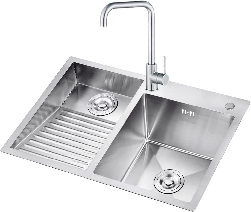 Silver Laundry Sink with Faucet,Built-in Washboardinset Stainless Steel Kitchen Right Hand Drainer, Large Utility for Washing Room, Bar, Bathroom