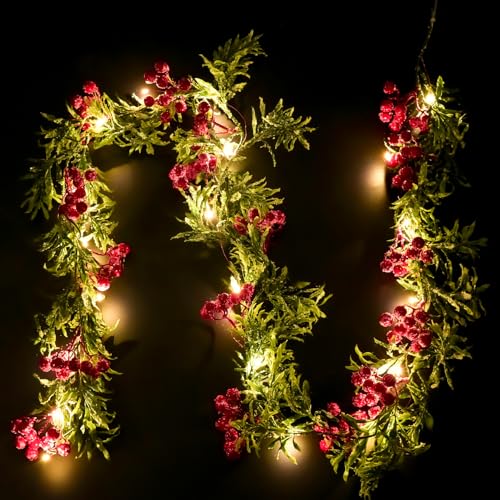 1,8 Metros Guirnalda Navidad,Corona Navideña de con 20 LED,Bayas Rojas y Hojas Verdes,Decoracion Hogar,Adecuado para Adornos Navidad (Style A)