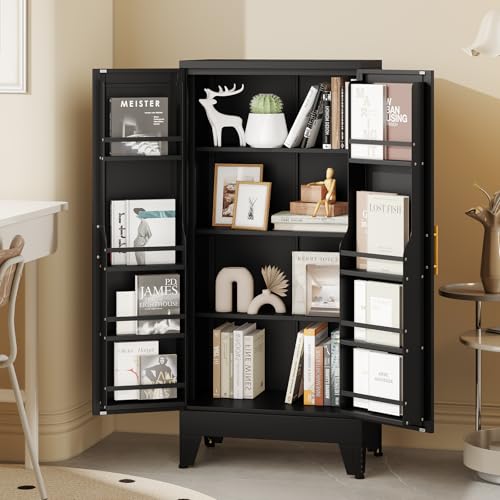 Image of White Pantry Storage Cabinet, 48 inch Kitchen Pantry with Doors and 3 Adjustable Shelves, Metal Freestanding Buffet Cupboards Sideboard, for Office, Home, Garage, School