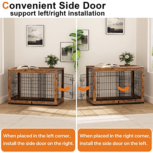 Piskyet Wooden Dog Crate Furniture With Divider Panel, Dog Crate End Table With Fixable Slide Tray, Double Doors Dog Kennel Indoor For Large Dogs-Rustic Style, 38 * 25 * 26.5'' #TOP3