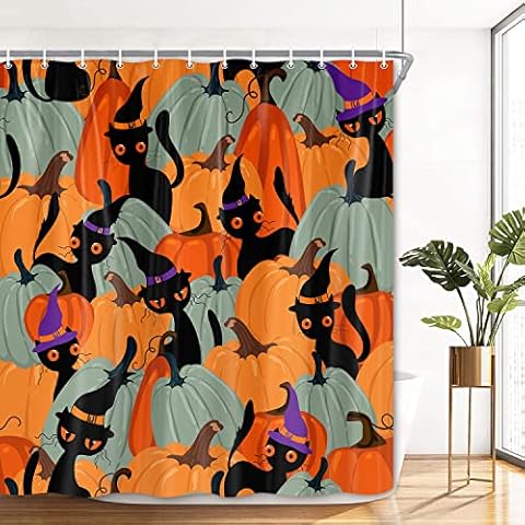 Black Cat Shower Curtain Halloween Decorations, Spooky Hocus Pocus Shower Curtain with Autumn Fall Pumpkins, Cute Kids Halloween Shower Curtain 72X72IN Cover