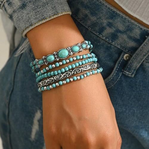 YANCHUN Western Bracelets for Women Boho Turquoise Beaded Bracelet Turquoise Western Jewelry Outfit Dress Trendy Bracelets for Women 20252