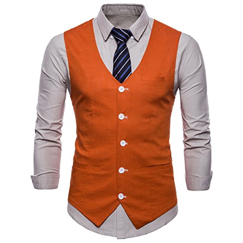 FULIER Men Slim Fit V Neck Double Breasted Business Casual Waistcoat Suit Vest (XL, Orange)