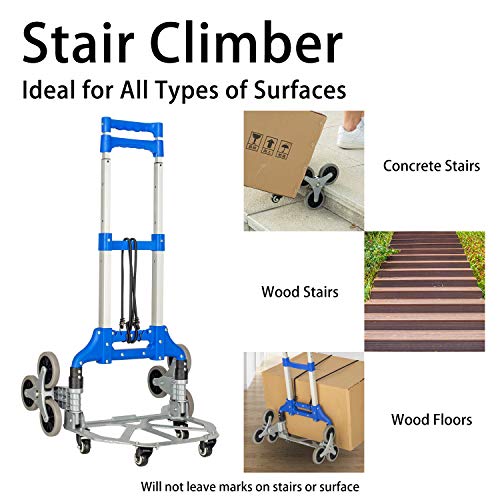 Fullwatt Stair Climber Cart, 15 Inch Height Adjustable Aluminum Portable Folding Stair Climbing Cart Tri-Wheels with Bungee Cord Heavy Duty All Terrain Stair Climbing Hand Truck (Blue)