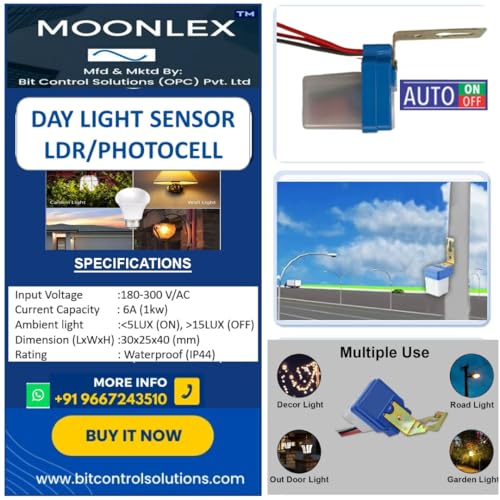 Image of Moonlex Automatic Day Night Sensor Switch 220V AC | LDR Photocell Sensor | 6A Load | Waterproof Outdoor Light Controller for Street Light, Home & Garden Lighting