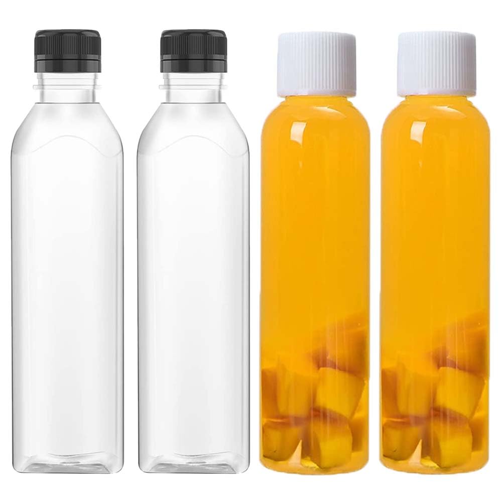 Yalihaixia Transparent 4Pcs Plastic Juice Bottles With Screw Lid Empty Clear Containers Reusable Drinks Bottles Safe Drinking Beverage Container Leak Proof For Juice Milk Water Beverages