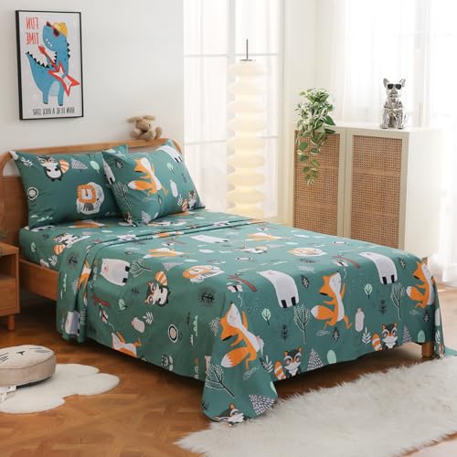 Jsd KIDS SHEETS-GREEN ANIMAL-TWIN Green Forest Animals Kids Sheet Set Twin Size, 3 Piece Woodland Printed Microfiber Bed Sheets Deep Pocket thumb #5