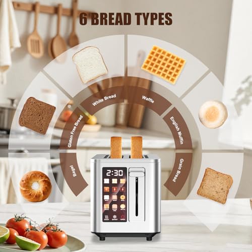 Image of 2026 Upgraded TAZTIR Touch Screen Toaster 4 Slice, Premium Stainless Steel Digital Bread Toaster with Timer, 1.5'' Wide Slot, 6 Shade Settings & 6 Bread Types, Bagel Defrost Reheat Cancel Functions