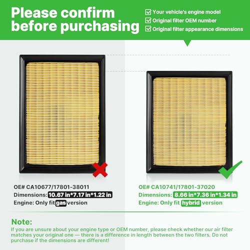 Image of Engine+Cabin Air Filter Fit for 2016-2018 RAV4 2.5L, 2010-2015 Prius 1.8L | All Only Fit Hybrid, Not Gas, 2011-2017 CT200h L4 1.8L Hybrid, 2015-2021 NX300h L4 2.5L Hybrid, 17801-37020, CF10285
