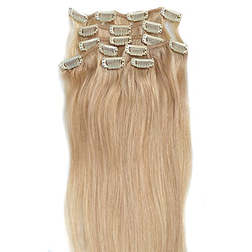 Grammy 18 Inch 7pcs Remy Clips in Human Hair Extensions 70g with Clips for Highlight (18inch, 24 Beige Blonde)