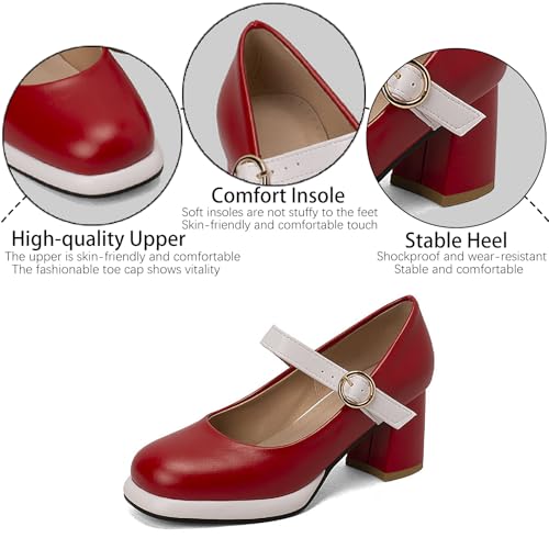 Women's Leather Platform Mary Janes Pumps with Adjust Buckle Strap Retro Comfortable Round Toe Stack Chunky Heels Dress Shoes for Party Prom Date Uniform Shoes3