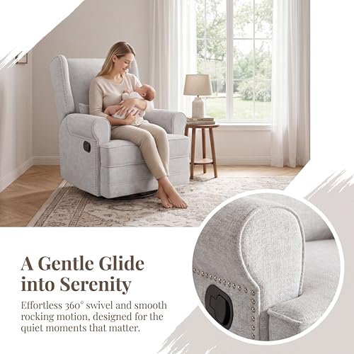 Image of Swivel Rocking Recliner Chair, Manual Lazy Boy Recliner with Footrest & Lumbar Pillow, Upholstered Glider Rocking Chair for Adults Relax, Living Room, Bedroom, Napping, Light Gray