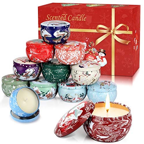 Tobeape Christmas Scented Candles Gift Set, Natural Soy Wax 2.5 Oz Portable Travel Tin Candle, Aromatherapy Candles with Strongly Fragrance for Christmas Decoration - 12 Pack