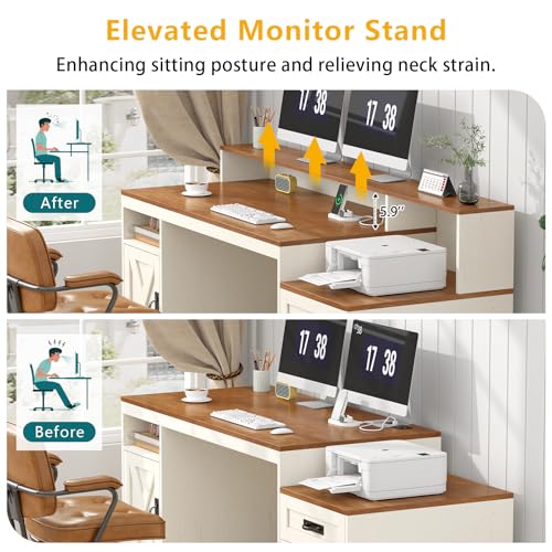 TVU Farmhouse Computer Desk with Drawers, 65\'\' Home Office Desk with Power Outlets, Storage Cabinet and Printer Stand, Study Writing Desks with Long Monitor Stand, Brown and White - Thumbnail 7