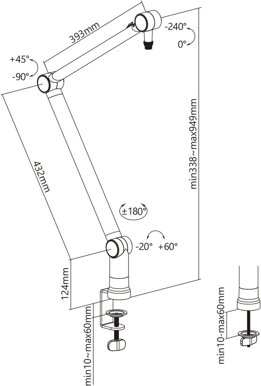 Technical drawing with dimensions and angles of the boom arm