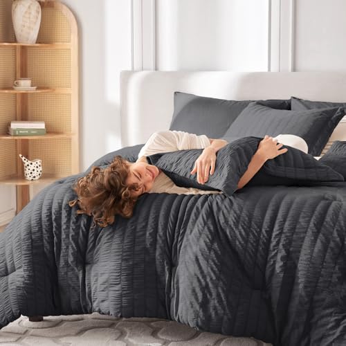 Image of MUXHOMO 7 Pieces Oversized King Comforter Set, Seersucker Bed in a Bag Oversized King Size, All Season Luxury Bedding Set with Comforter, Flat Sheet, Fitted Sheet, Pillowcases & Shams, Dark Grey