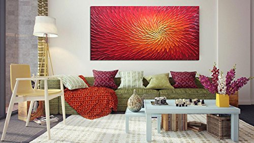 Amei Art Paintings,24X48 Inch 3D Hand-Painted Artwork Abstract Blooming Flower Painting On Canvas Red Art Wood Inside Framed Hanging Wall Decoration Textured Abstract Oil Painting (Fiery Red) #TOP2